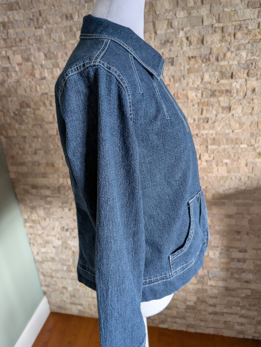Vintage 90s Zip Up Denim Jacket Peplum Feminine Lightweight Textured Sz M image 4